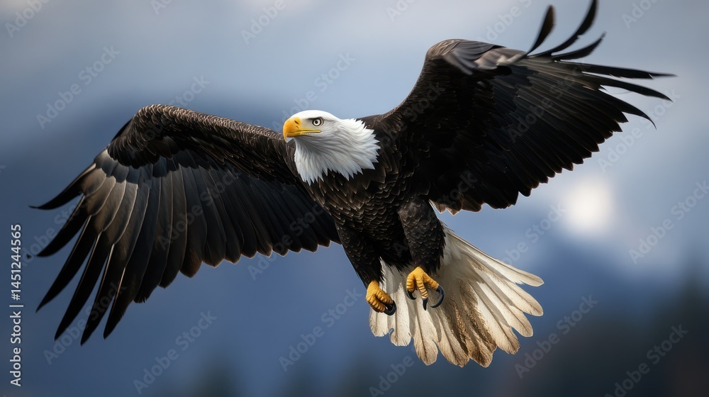 Fototapeta premium Magnificent bald eagle soars with outstretched wings in the vast sky