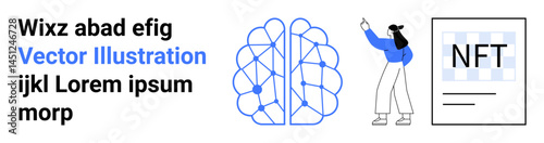 Neural network diagram, person gesturing, NFT document. Ideal for AI technology, blockchain, creativity, education, digital assets, modern design simple landing page