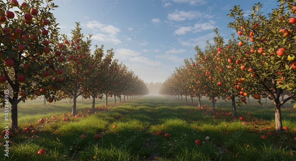 custom made wallpaper toronto digitalApple Orchard Row with Fallen Fruit and Morning Mist Under a Blue Sky