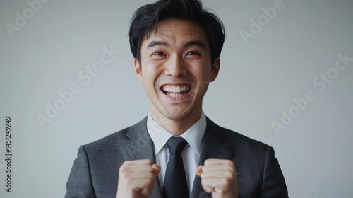 Energetic Asian businessman celebrating success with an elated expression