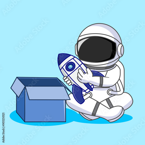 Cute Astronaut Open the Gift Box and Playing Toy Rocket Vector Illustration Cartoon Design
