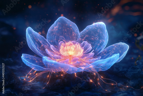A glowing bioluminescent flower with intricate tendrils, blooming in a surreal underwater-like atmosphere.
