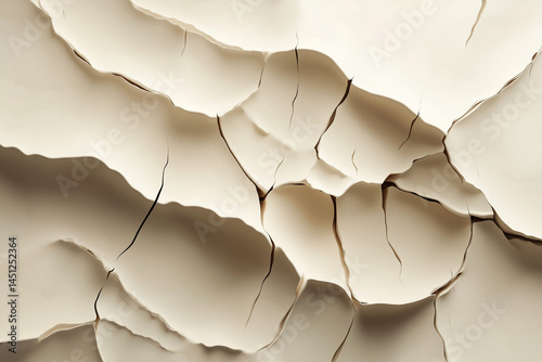 3D abstract composition of cracked earth layers resembling broken shells in neutral tones.