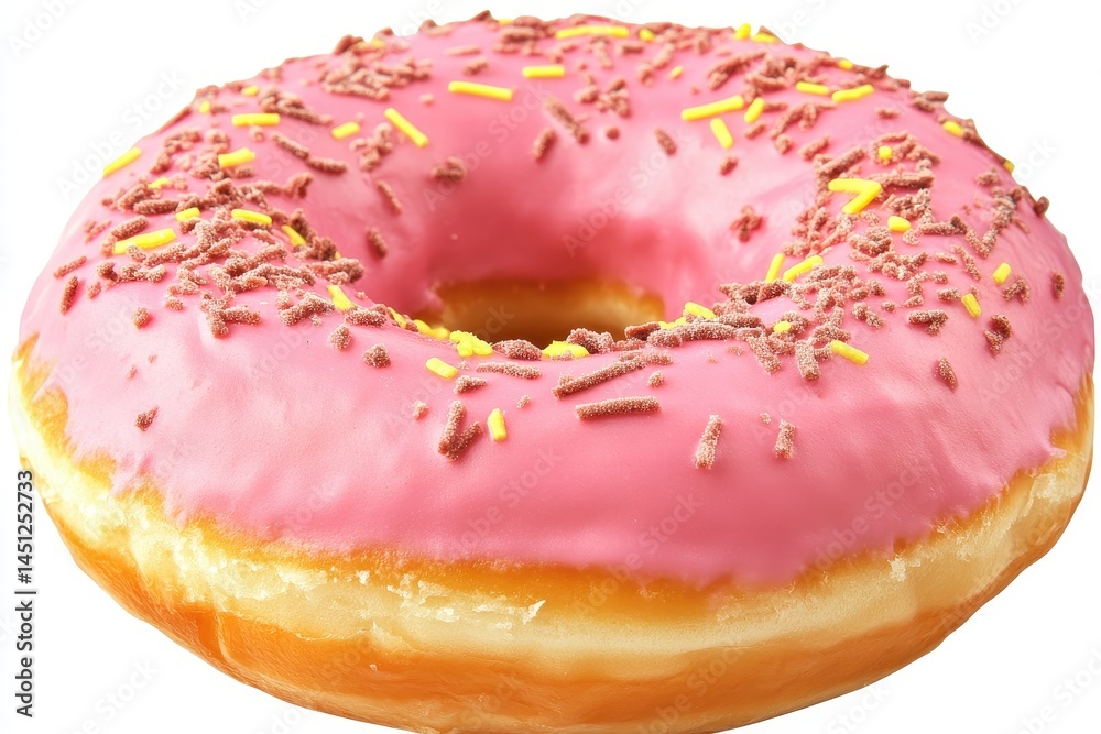 Delicious pink frosted donut with colorful sprinkles on a white background, perfect for desserts Delicious pink frosted donut with colorful sprinkles on a white background, perfect for desserts