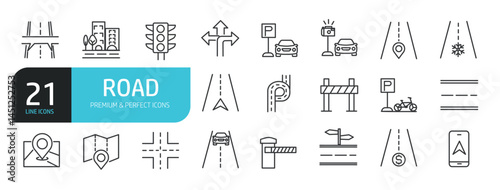 Set of line icons related to road, navigation, traffic. Outline icons collection. Editable stroke. Vector illustration.