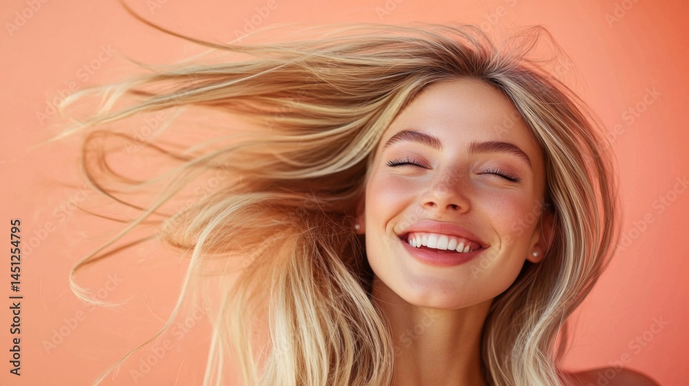 Fototapeta premium Happy Blonde Woman with Flowing Hair Against Peach Background