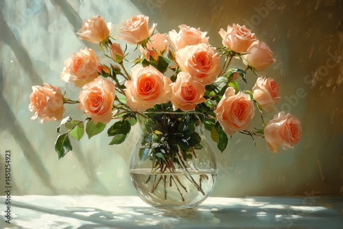 soft blush pink roses in a clear glass vase sunlight streaming through a window delicate reflections and gentle shadows 