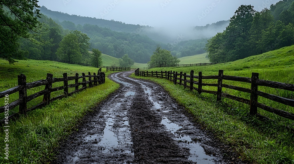 Fototapeta premium Misty mountain road with wooden fence.