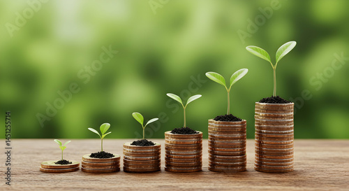 Growth of Plants on Stacked Coins Representing Financial Investment