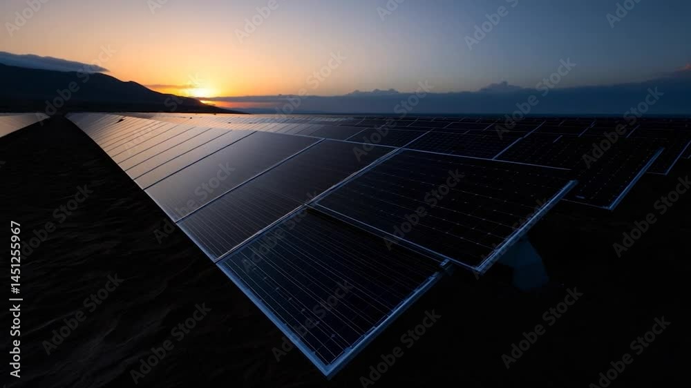 A vast array of solar panels at sunset creating a harmonious contrast with the dark foreground and the sky. Panels reflect the golden light creating beautiful gradient effects