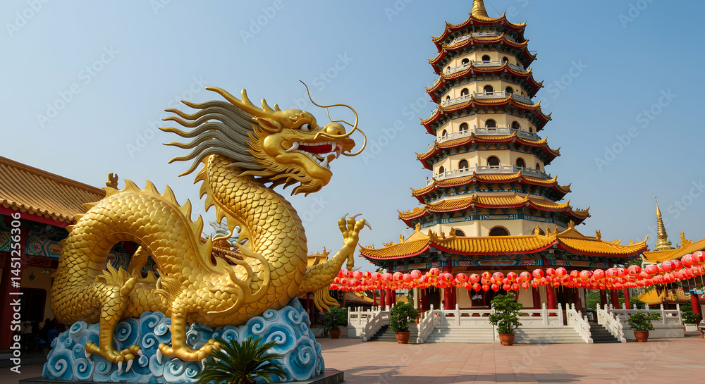 Fototapeta premium Golden Dragon Statue in Front of Traditional Asian Pagoda