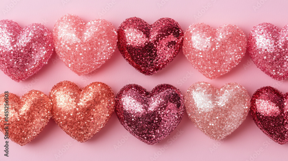 Fototapeta premium Glittery pink and red hearts arranged in two rows on pastel pink background create romantic and festive atmosphere. sparkling texture adds touch of glamour