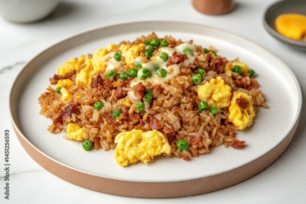 Delicious plate of fried rice topped with scrambled eggs and green peas on a white background Delicious plate of fried rice topped with scrambled eggs and green peas on a white background
