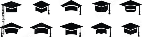 graduation cap icon set, university or college graduation hat icon, student graduation cap , student hat outline and filled vector sign. Academic cap linear and full pictogram.Vector Monochrome Icon
