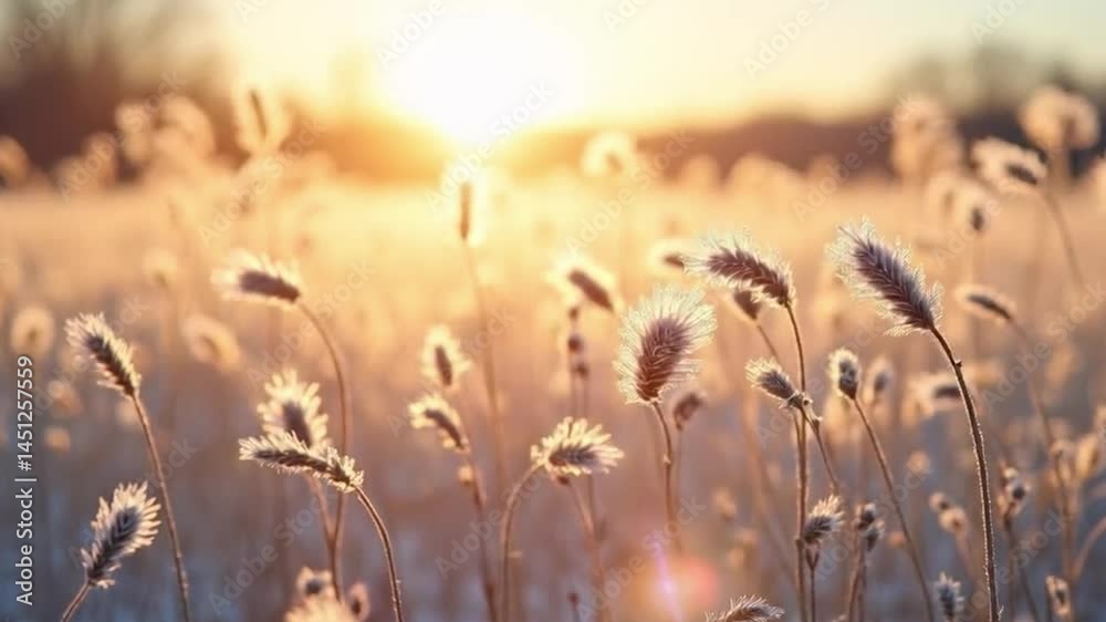 Enchanting Winter Sunrise Illuminating a Field of Frost-kissed Wild Grasses Scene Enchanting Winter Sunrise Illuminating a Field of Frost-kissed Wild Grasses Scene