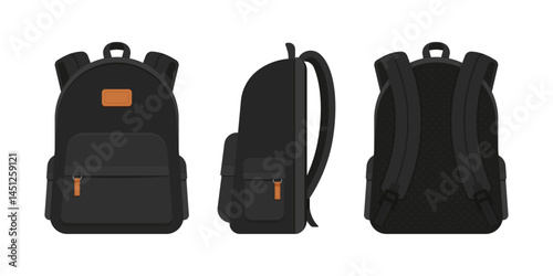 Black backpack in front, side, and back views. Back to school, education, travel, and urban lifestyle bag concept. Flat vector illustration isolated on white background. 