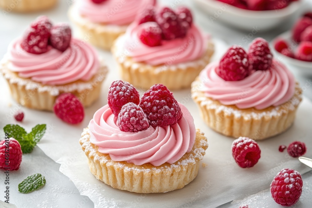 Delicious raspberry cupcakes with pink frosting and fresh berries on a light background