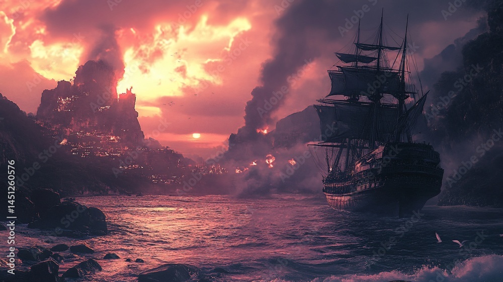 Obraz premium Crimson Sunset, Burning City, and Lone Galleon