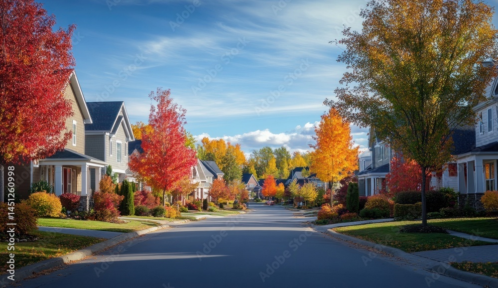 Obraz premium Autumnal Residential Street in Suburbia: A picturesque view of houses and vibrant fall foliage.