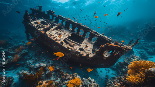 Sunken shipwreck undersea realm resting on coral reefs with fish around. [Corroded Realms] | Withered Thrones | lifeless seat. Illustration