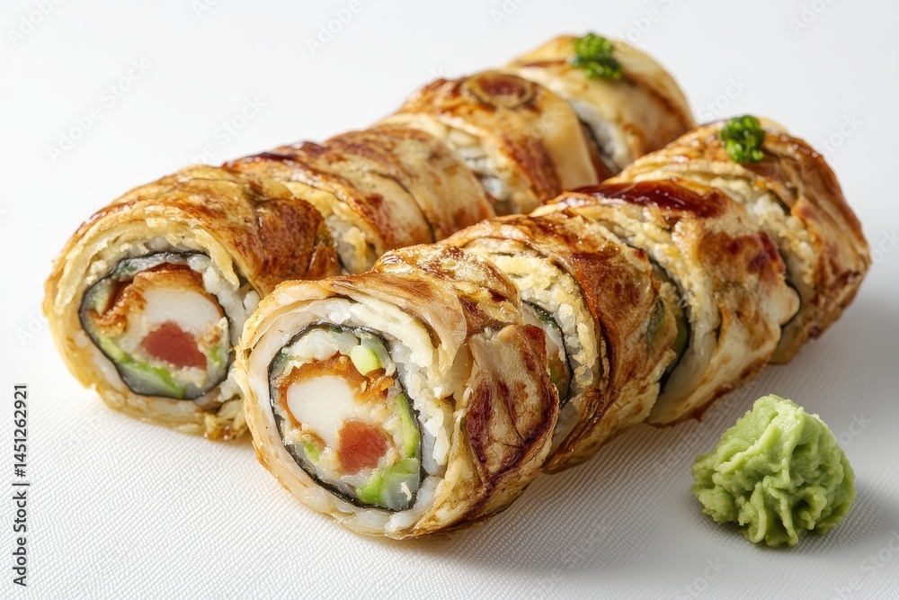 Delicious sushi roll with crispy outer layer, served with wasabi on a clean white plate Delicious sushi roll with crispy outer layer, served with wasabi on a clean white plate