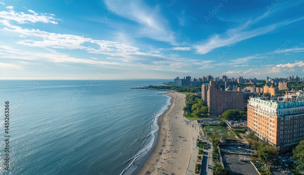Aerial View of Coney Island Beach and Boardwalk on a Sunny Day Aerial View of Coney Island Beach and Boardwalk on a Sunny Day