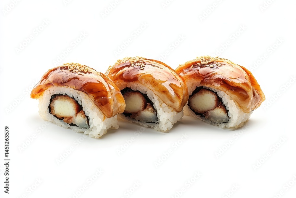 Delicious sushi rolls with glossy sauce, garnished with sesame seeds, on a white background Delicious sushi rolls with glossy sauce, garnished with sesame seeds, on a white background