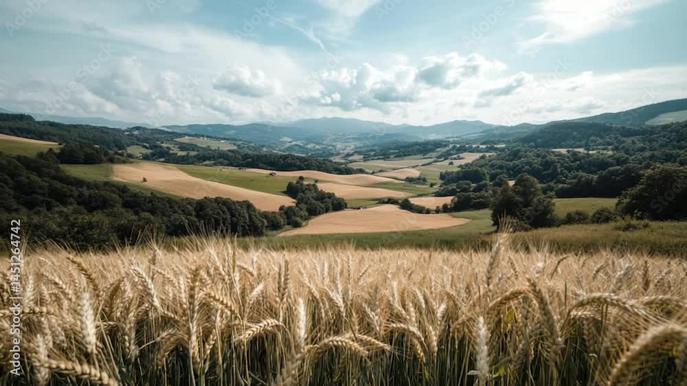 Scenic landscape featuring a wheat field in the foreground rolling hills forests and mountains under a partly cloudy sky creating a tranquil scene