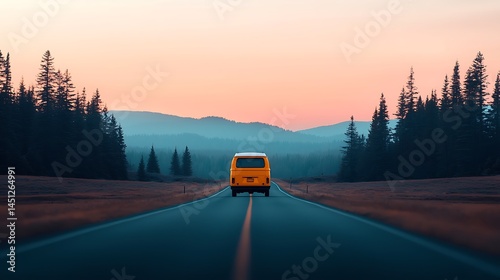 Yellow Van on Winding Road at Sunset