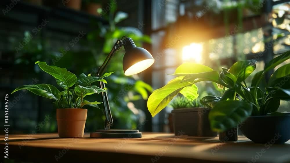 A still life scene features potted green plants on a wooden table illuminated by a desk lamp and sunlight from window. The background is blurred, enhancing the focus on the foreground