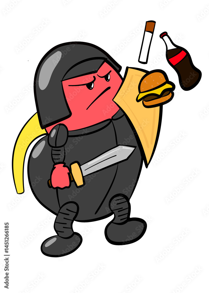 Fototapeta premium cute kidney sticker defend from junk Food soda and smoking cartoon