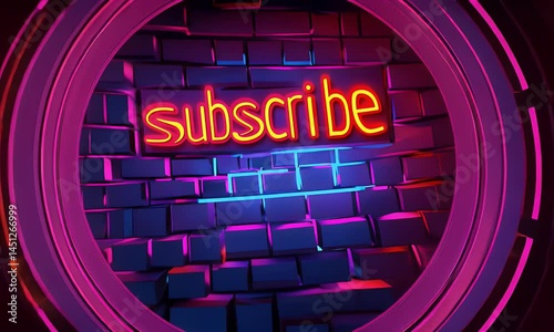 Dynamic Neon Subscribe Sign on a Colorful Brick Wall with Vibrant Illumination Animation