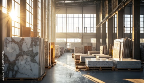 Sunlit Warehouse: Stacks of Marble Slabs