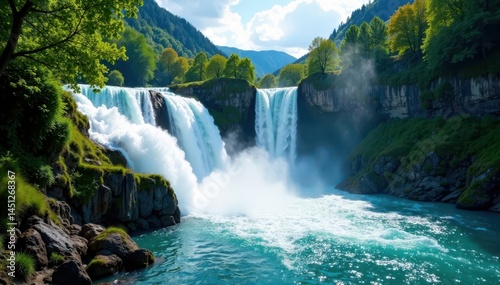 Powerful water cascades down the Rheinfalls waterfall, creating a misty veil in summer, cascade, rheinfalls