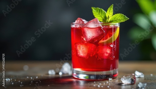 Wallpaper Mural Red cocktail in glass with floating lime wedge and ice, liquor, glass Torontodigital.ca