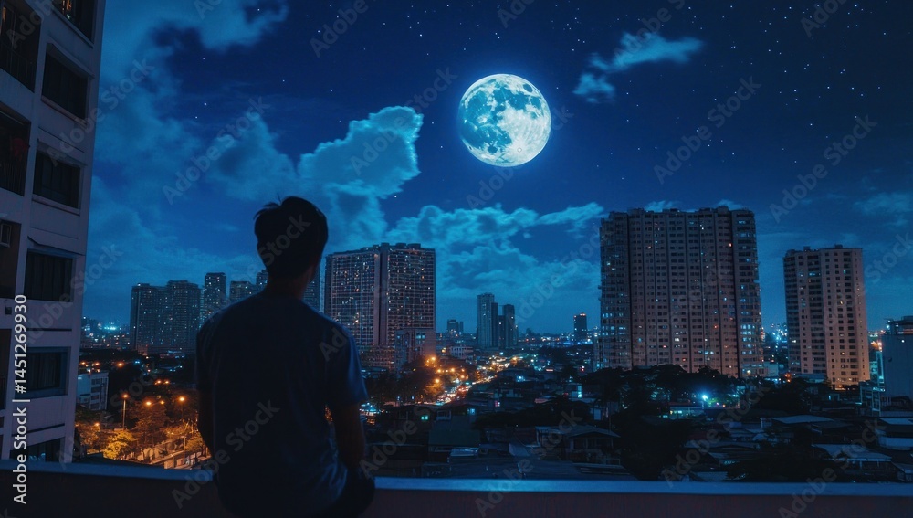 Fototapeta premium Solitude Under the Moonlit Cityscape: A Nighttime Contemplation