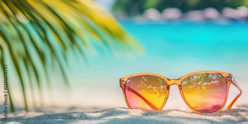 sunglasses in the sand under a palm tree on a tropical beach sunglasses in the sand under a palm tree on a tropical beach