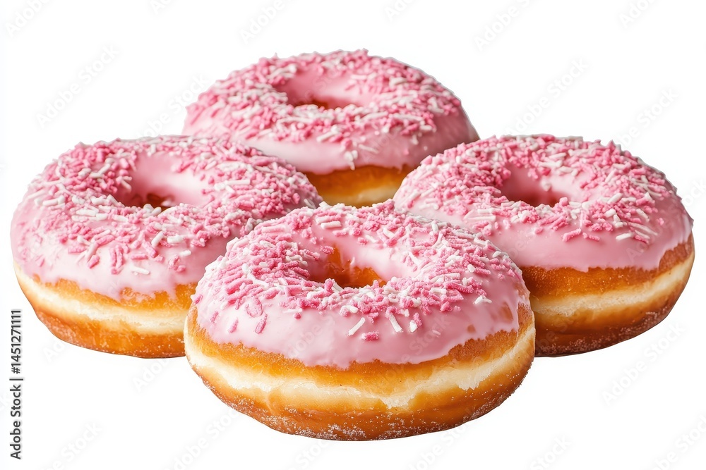 Four pink frosted donuts with sprinkles arranged on a white background, ideal for dessert menus Four pink frosted donuts with sprinkles arranged on a white background, ideal for dessert menus