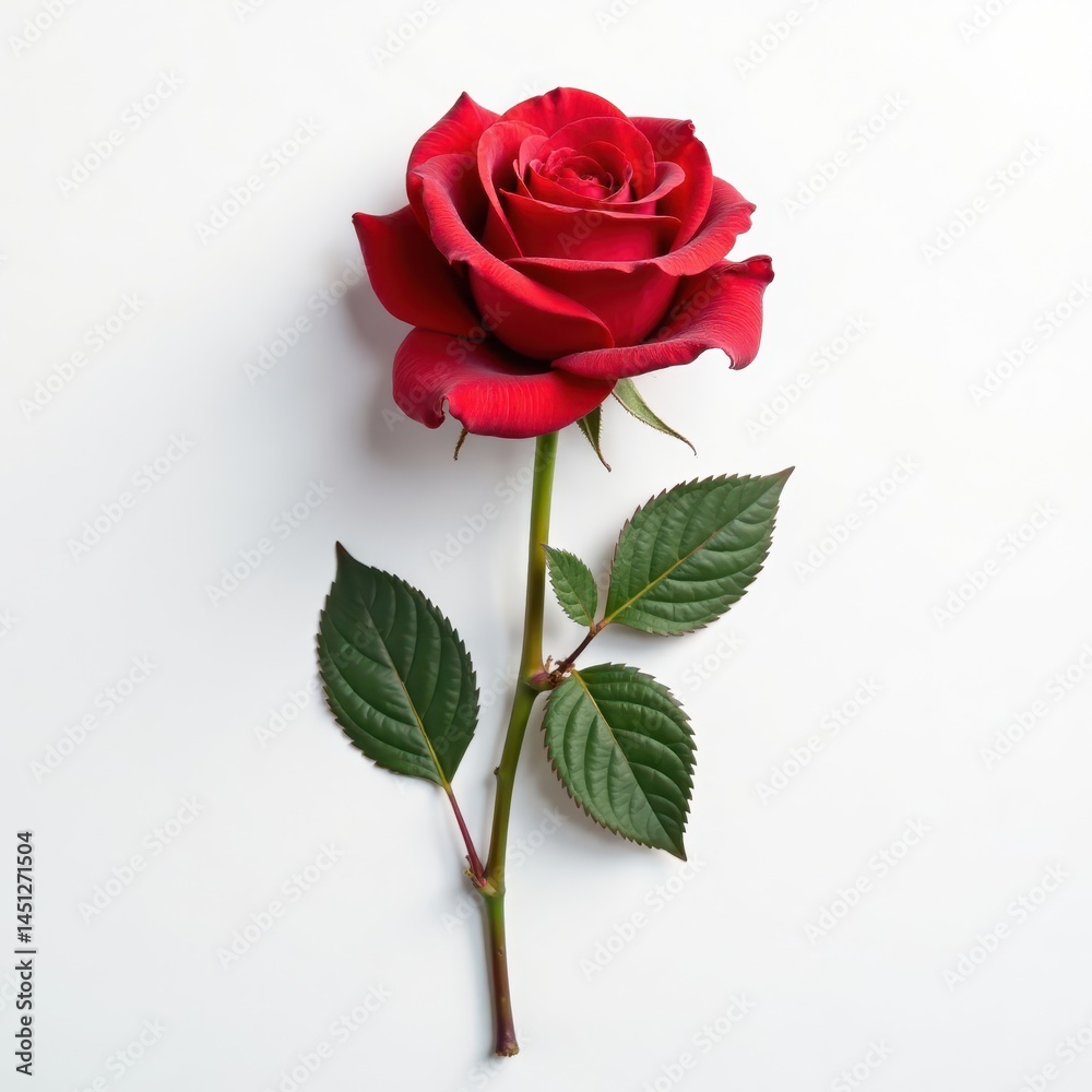 Naklejka premium Single long-stemmed red rose on a white background with elegant brushstroke texture, love, serene
