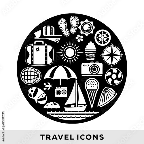 Black and White Round Travel Icons
