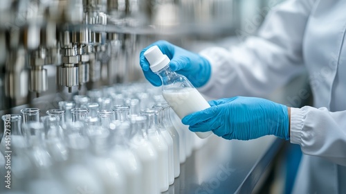 Hand bottling milk at dairy processing plant, food production industry concept