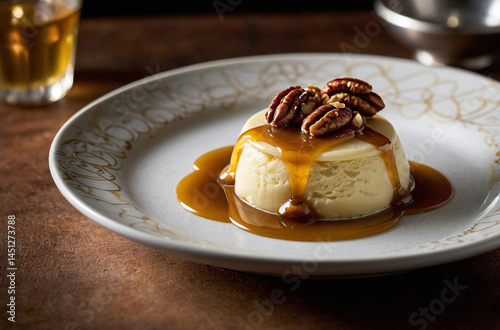 Elegant maple panna cotta dessert drizzled with rich caramel sauce and topped .