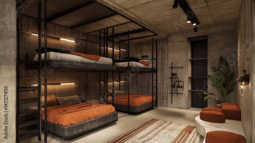 Contemporary bunk bed design with industrial style and warm color accents for modern spaces