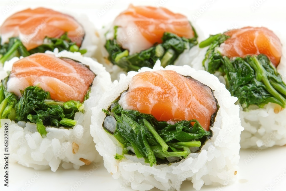Fresh sushi rolls with salmon and greens arranged on a white plate, showcasing vibrant colors Fresh sushi rolls with salmon and greens arranged on a white plate, showcasing vibrant colors
