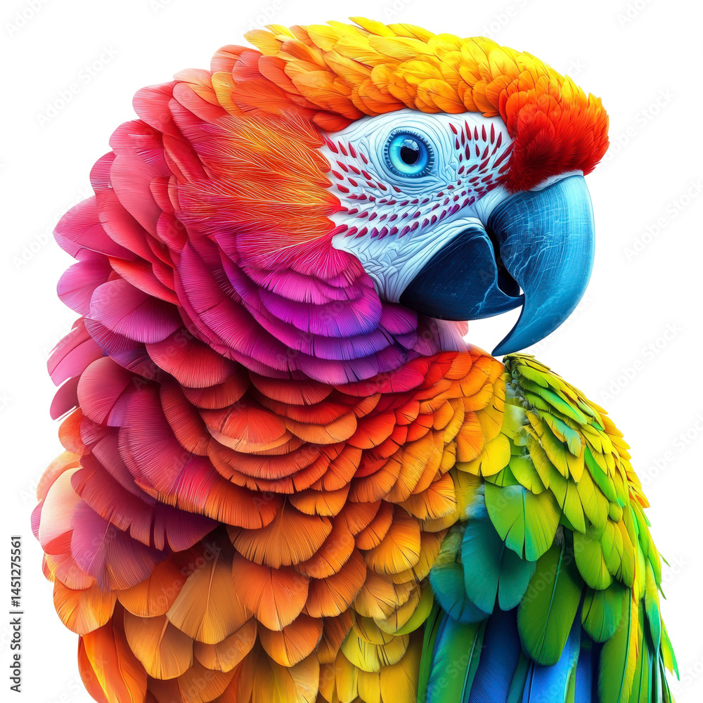 Obraz premium Vibrant and Colorful Parrot with Detailed Feather Patterns Displaying a Range of Bright Hues and Expressive Features Against a Clean Background
