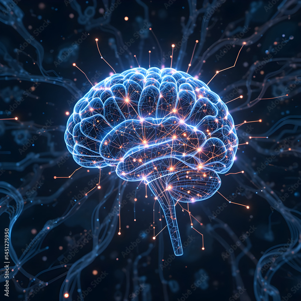 Fototapeta premium Glowing neural network visualization with interconnected nodes and flowing signals.