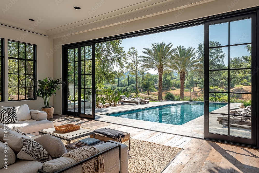 Fototapeta premium Photograph of black-framed sliding glass doors leading to patio with palm trees, swimming pool, and scenic California countryside view.