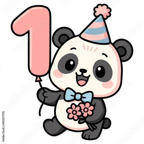 Cute Kawaii Panda Holding Number 1 Balloon - Cartoon Birthday Animal Illustration with Party Hat

