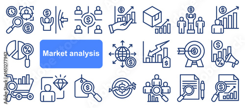 Market research icon collection set. Containing segmentation, trends, penetration, buyer personas, data, sales, analysis icon. Simple  vector.