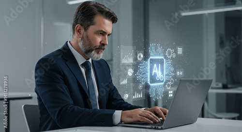 A man in a suit is typing on a laptop with an ai graphic overlay in an office environment setting technology, business, data, innovation